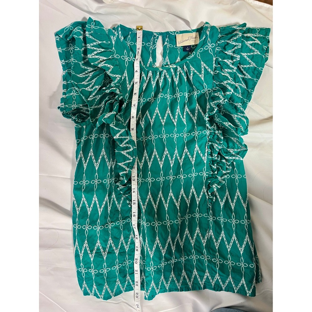 Universal Thread Green Embroidered Ruffle Sleeve Top Size S Boho Cotton Blouse - Picture 5 of 5